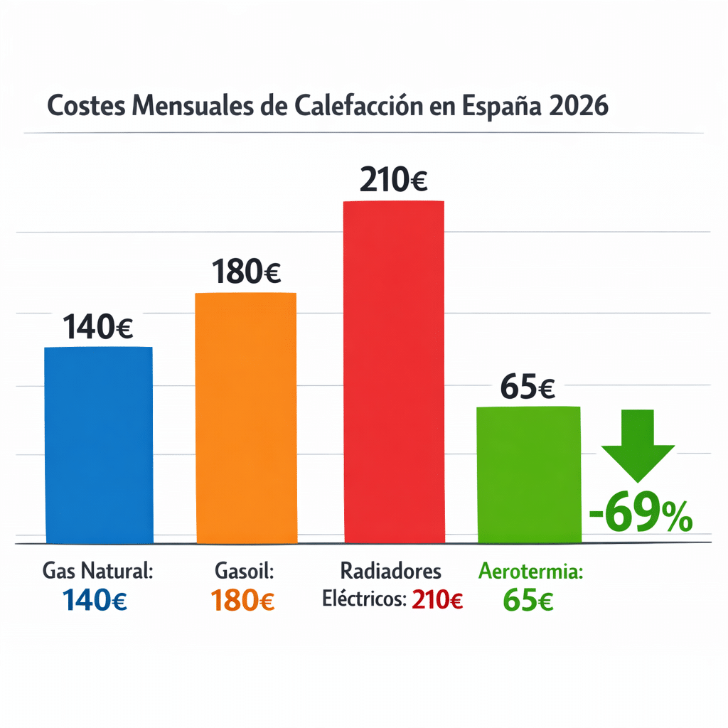 Consumo Aerotermia Real 2026: Cuánto Gasta al Mes por m² y Zona 3 Comparativa de consumo mensual: aerotermia vs gas, gasoil y electricidad