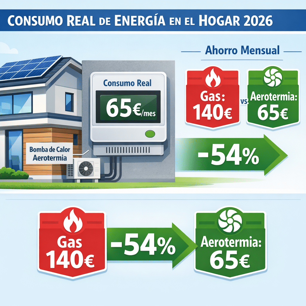 Consumo Aerotermia Real 2026: Cuánto Gasta al Mes por m² y Zona 1 Consumo real mensual de aerotermia comparado con gas en vivienda española