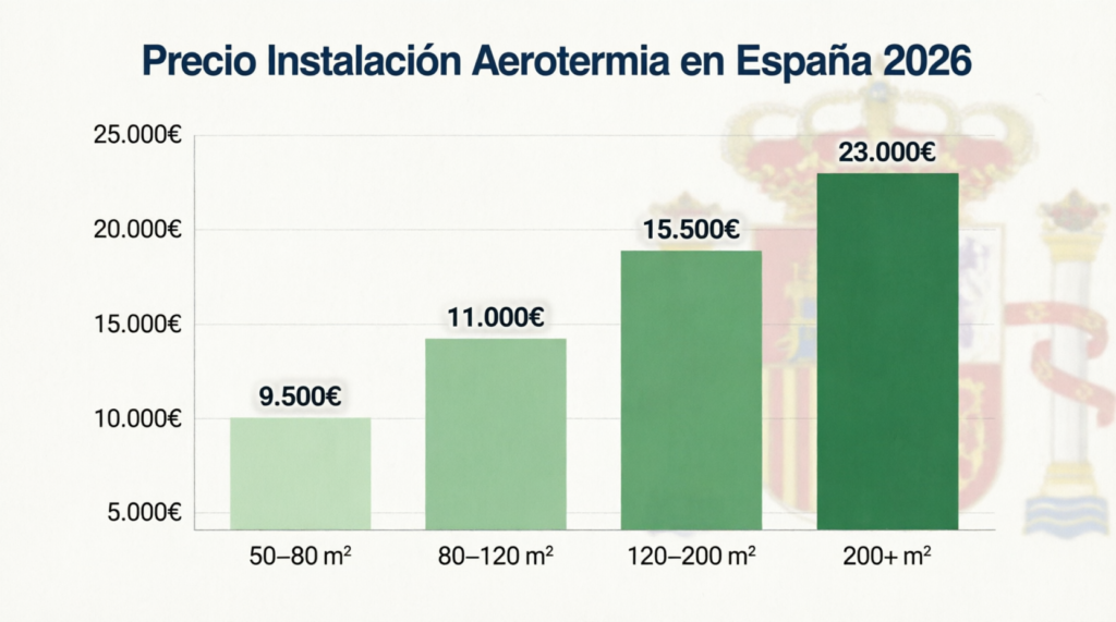 Precio Aerotermia Instalación 2026: Guía Completa por m² y Marcas 2 Gráfico de precios de aerotermia por metros cuadrados en España
