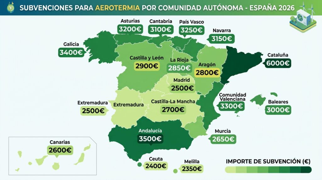 Subvenciones Aerotermia 2026: Guía Completa por Comunidad Autónoma 2 Mapa de subvenciones de aerotermia por Comunidad Autónoma en España