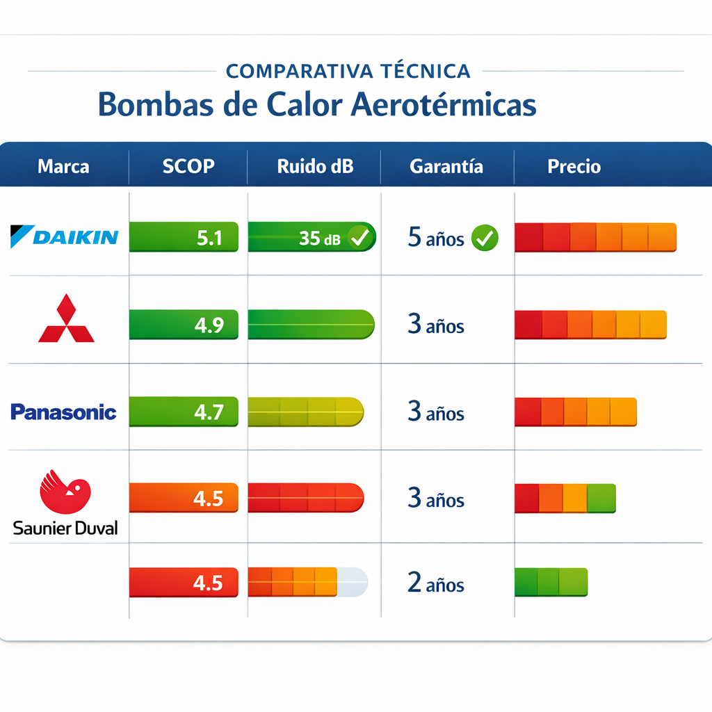 Tabla comparativa tecnica de marcas de aerotermia eficiencia ruido y garantia