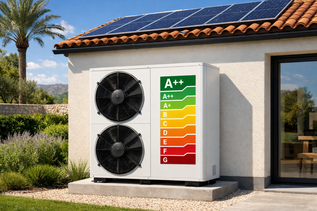 Aerotermia Opiniones 2026: ¿Vale la Pena? Precios, Ahorro Real y Mejores Marcas 1 Unidad exterior de aerotermia instalada en vivienda española con placas solares
